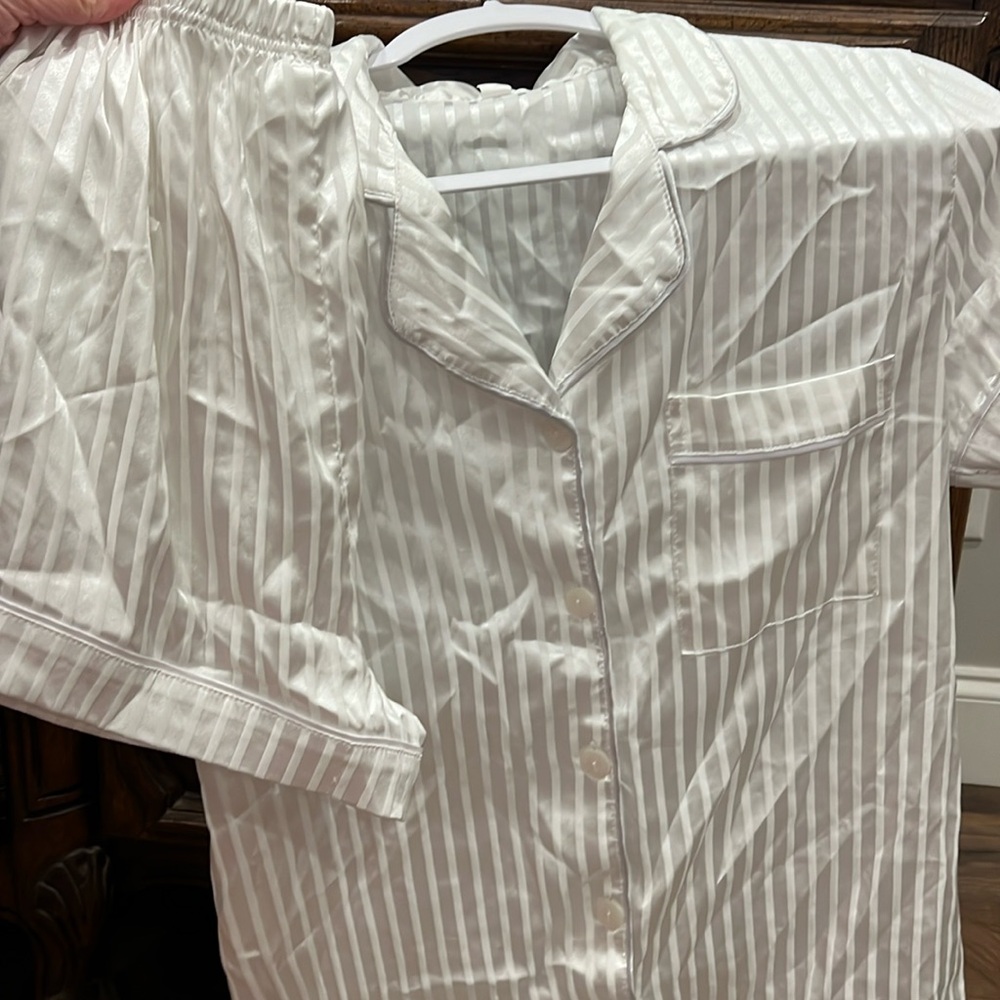 White striped satin pajama set